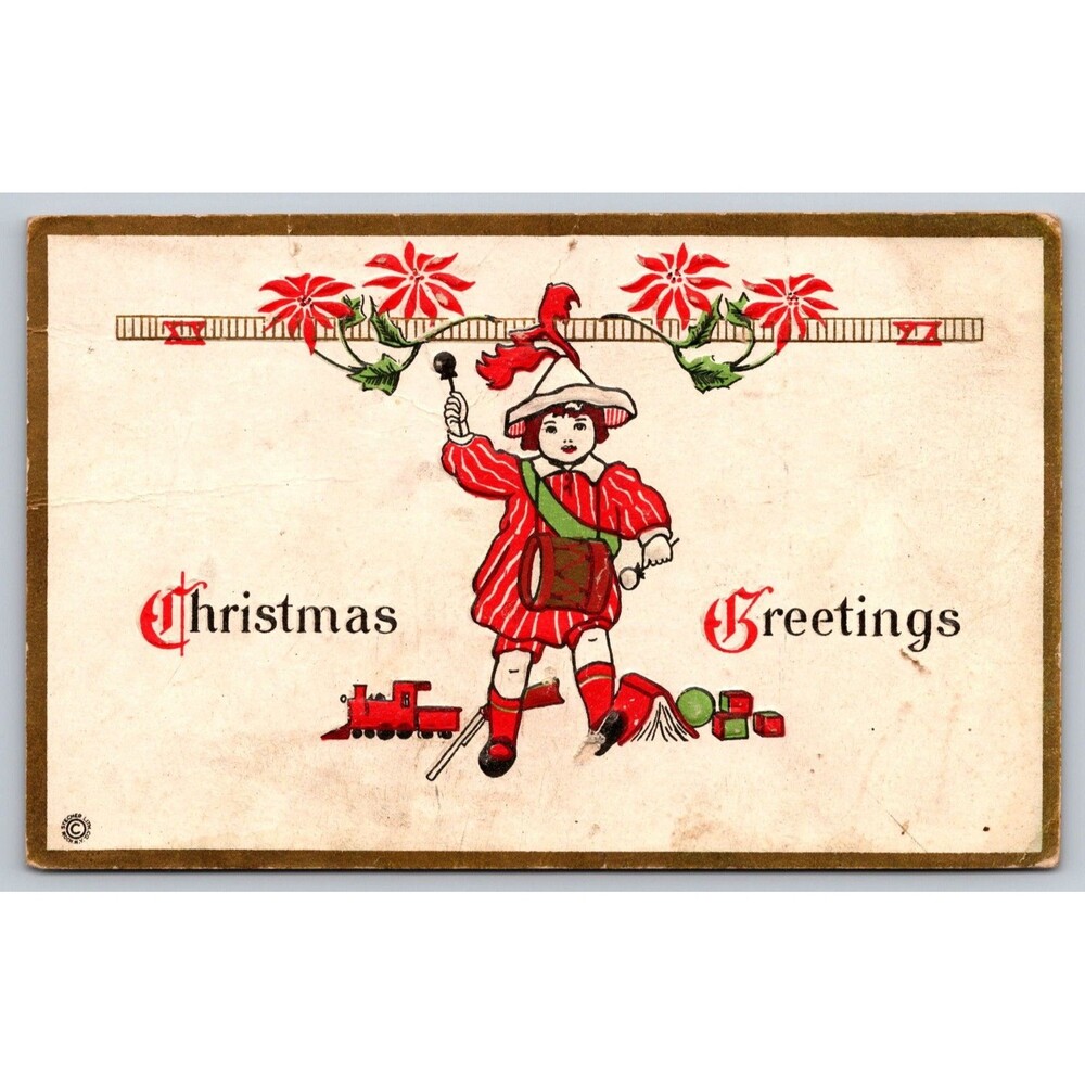 Vintage Christmas Greetings Postcard Child Toys Stecher Litho Co Series 547 E